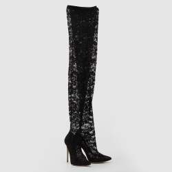 Dolce & Gabbana Black Lace and Mesh Knee Length Boots Size 37