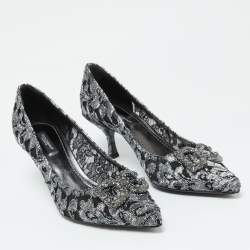 Pre Owned Dolce & Gabbana Silver/Black Lace DG Amore Crystal Embellished Pointed Toe Pumps Size 39