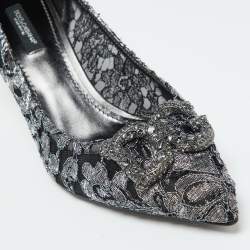 Pre Owned Dolce & Gabbana Silver/Black Lace DG Amore Crystal Embellished Pointed Toe Pumps Size 39
