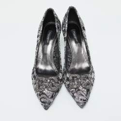 Pre Owned Dolce & Gabbana Silver/Black Lace DG Amore Crystal Embellished Pointed Toe Pumps Size 39