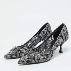 Pre Owned Dolce & Gabbana Silver/Black Lace DG Amore Crystal Embellished Pointed Toe Pumps Size 39