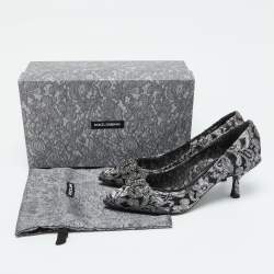 Pre Owned Dolce & Gabbana Silver/Black Lace DG Amore Crystal Embellished Pointed Toe Pumps Size 39