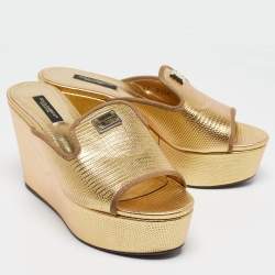 Pre Owned Dolce & Gabbana Gold Lizard Embossed Leather Wedge Sandals Size 36