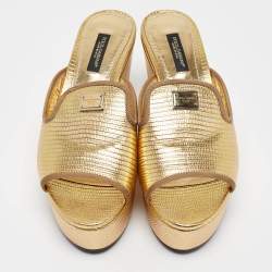 Pre Owned Dolce & Gabbana Gold Lizard Embossed Leather Wedge Sandals Size 36