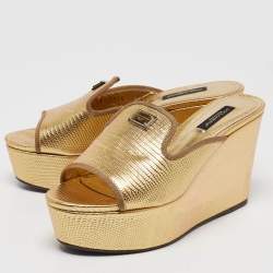 Pre Owned Dolce & Gabbana Gold Lizard Embossed Leather Wedge Sandals Size 36