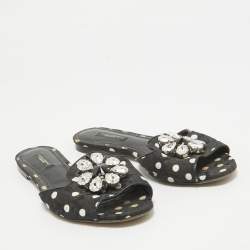Dolce & Gabbana Black Polka Dot Canvas Bianca Flat Slides Size 37