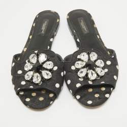 Dolce & Gabbana Black Polka Dot Canvas Bianca Flat Slides Size 37