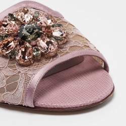 Pre Owned Dolce & Gabbana Purple Lace Crystal Embellished Flat Slides Size 39