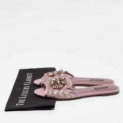 Pre Owned Dolce & Gabbana Purple Lace Crystal Embellished Flat Slides Size 39