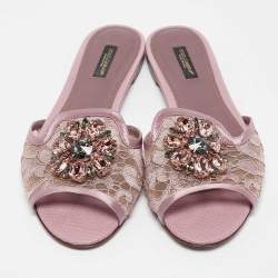 Pre Owned Dolce & Gabbana Purple Lace Crystal Embellished Flat Slides Size 39