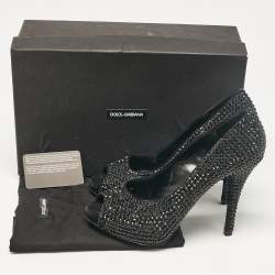 Dolce & Gabbana Black Suede Crystal Embellished Peep Toe Pumps Size 39