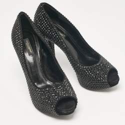 Dolce & Gabbana Black Suede Crystal Embellished Peep Toe Pumps Size 39