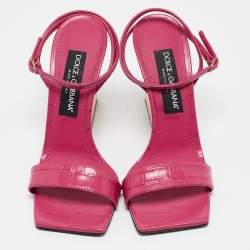 Pre Owned Dolce & Gabbana Pink Croc Embossed Leather Ankle Strap Sandals Size 38