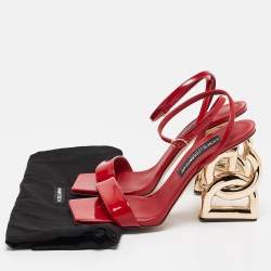 Pre Owned Dolce & Gabbana Red Patent Leather DG Heel Ankle Strap Sandals Size 40