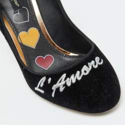 Pre Owned Dolce & Gabbana Black/Gold Velvet and Leather L' Amore Block Heel Pumps Size 39