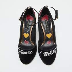 Pre Owned Dolce & Gabbana Black/Gold Velvet and Leather L' Amore Block Heel Pumps Size 39