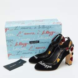 Pre Owned Dolce & Gabbana Black/Gold Velvet and Leather L' Amore Block Heel Pumps Size 39