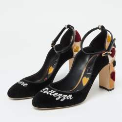 Pre Owned Dolce & Gabbana Black/Gold Velvet and Leather L' Amore Block Heel Pumps Size 39