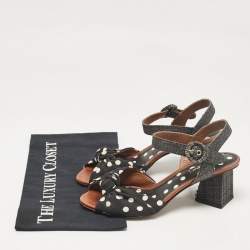 Pre Owned Dolce & Gabbana Black Polka Dot Knotted Fabric and Raffia Ankle Strap Sandals Size 38
