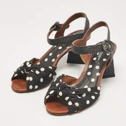 Pre Owned Dolce & Gabbana Black Polka Dot Knotted Fabric and Raffia Ankle Strap Sandals Size 38
