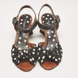 Pre Owned Dolce & Gabbana Black Polka Dot Knotted Fabric and Raffia Ankle Strap Sandals Size 38