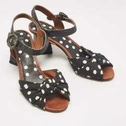 Pre Owned Dolce & Gabbana Black Polka Dot Knotted Fabric and Raffia Ankle Strap Sandals Size 38