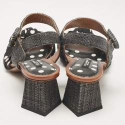 Pre Owned Dolce & Gabbana Black Polka Dot Knotted Fabric and Raffia Ankle Strap Sandals Size 38