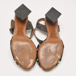 Pre Owned Dolce & Gabbana Black Polka Dot Knotted Fabric and Raffia Ankle Strap Sandals Size 38