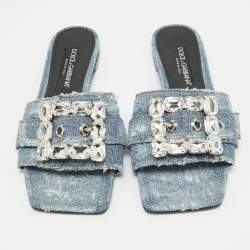 Pre Owned Dolce & Gabbana Blue Denim Crystal Embellished Buckle Flat Slides Size 38