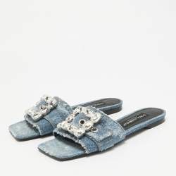 Pre Owned Dolce & Gabbana Blue Denim Crystal Embellished Buckle Flat Slides Size 38