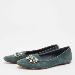 Dolce & Gabbana Green Suede Crystal Embellished Flats Size 37