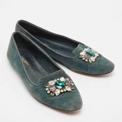 Dolce & Gabbana Green Suede Crystal Embellished Flats Size 37