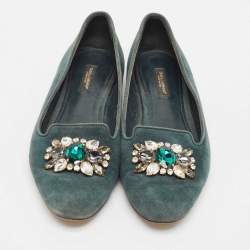 Dolce & Gabbana Green Suede Crystal Embellished Flats Size 37