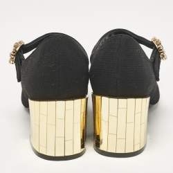 Pre Owned Dolce & Gabbana Black Fabric Flower Detail and Crystal Embellished Mary Jane Pumps Size 37