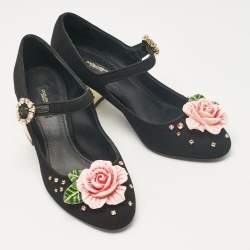Pre Owned Dolce & Gabbana Black Fabric Flower Detail and Crystal Embellished Mary Jane Pumps Size 37