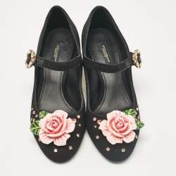 Pre Owned Dolce & Gabbana Black Fabric Flower Detail and Crystal Embellished Mary Jane Pumps Size 37