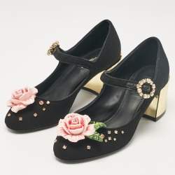 Pre Owned Dolce & Gabbana Black Fabric Flower Detail and Crystal Embellished Mary Jane Pumps Size 37