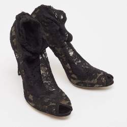 Dolce & Gabbana Black Stretch Lace Open Toe Ankle Booties Size 39.5