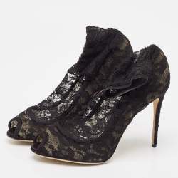Dolce & Gabbana Black Stretch Lace Open Toe Ankle Booties Size 39.5