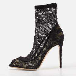 Dolce & Gabbana Black Stretch Lace Open Toe Ankle Booties Size 39.5