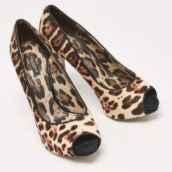 Dolce & Gabbana Brown Leopard Print Calf Hair Peep Toe Platform Pumps Size 40