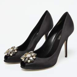 Dolce & Gabbana Black Satin Crystal Embellished Peep Toe Pumps Size 39.5