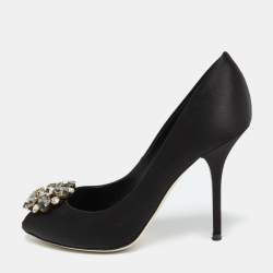 Dolce & Gabbana Black Satin Crystal Embellished Peep Toe Pumps Size 39.5