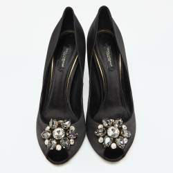 Dolce & Gabbana Black Satin Crystal Embellished Peep Toe Pumps Size 39.5