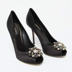 Dolce & Gabbana Black Satin Crystal Embellished Peep Toe Pumps Size 39.5