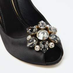 Dolce & Gabbana Black Satin Crystal Embellished Peep Toe Pumps Size 39.5