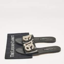 Pre Owned Dolce & Gabbana Black Leather DG Crystal Embellished Flat Slides Size 40