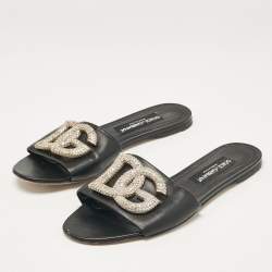 Pre Owned Dolce & Gabbana Black Leather DG Crystal Embellished Flat Slides Size 40