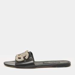 Pre Owned Dolce & Gabbana Black Leather DG Crystal Embellished Flat Slides Size 40