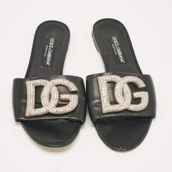 Pre Owned Dolce & Gabbana Black Leather DG Crystal Embellished Flat Slides Size 40